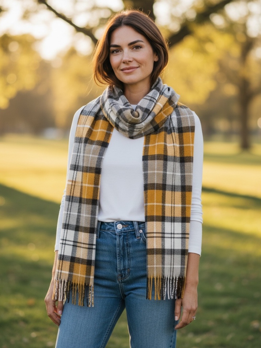 Plaid Fringe 100% Lambswool Scarf in Mustard, Gray & Cream